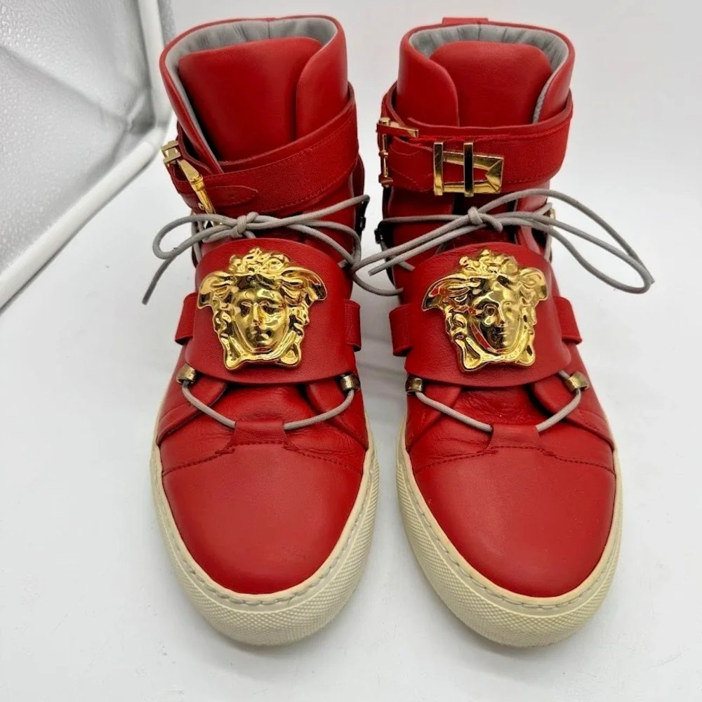 Versace Medusa Red High Top Sneakers IT 39 US 8 Leather Gold Buckle Luxury